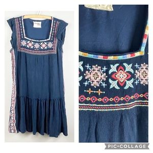 Savanna Jane boho square neck floral embroidered cap sleeve ruffle hem sundress